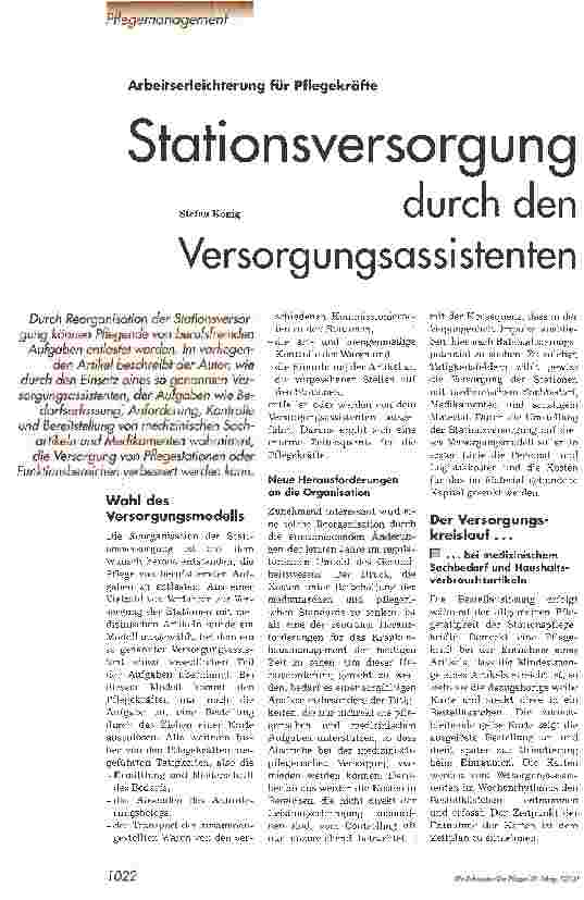 Vorschauseite 1: Stationsversorgung durch den Versorgungsassistenten Arbeitserleichterung für Pflegekräfte