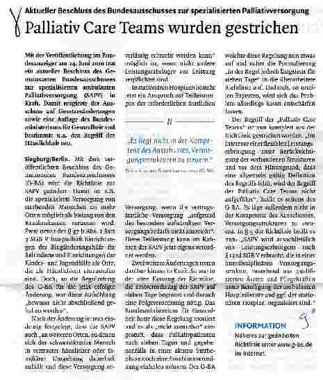 Vorschauseite 1: Palliativ Care Teams wurden gestrichen