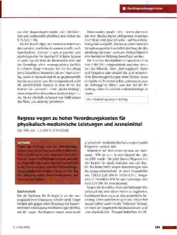 Vorschauseite 1: Regress wegen zu hoher Verordnungskosten für physikalisch-medizinische Leistungen und Arzneimittel