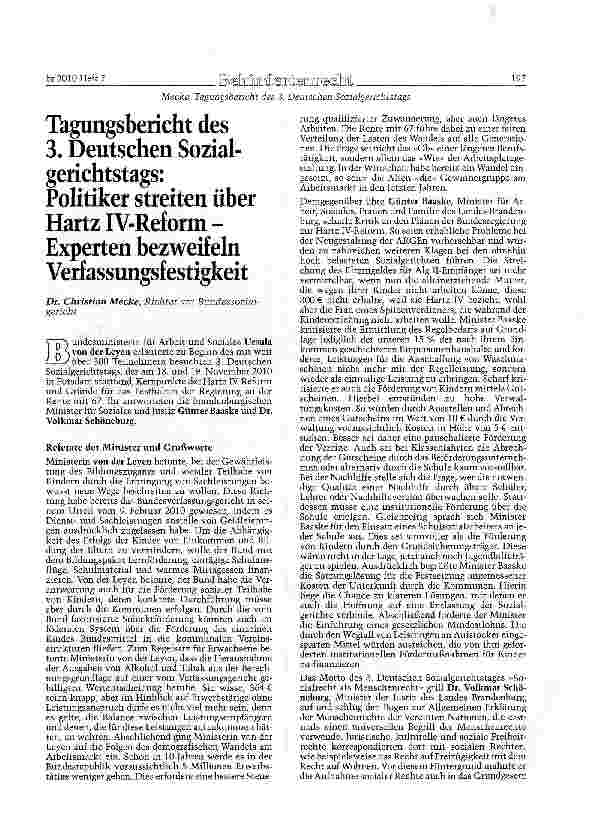 Vorschauseite 1: Tagungsbericht des 3. Deutschen Sozialgerichtstags: Politiker streiten über Hartz IV-Reform -Experten bezweifeln Verfassungsfestigkeit