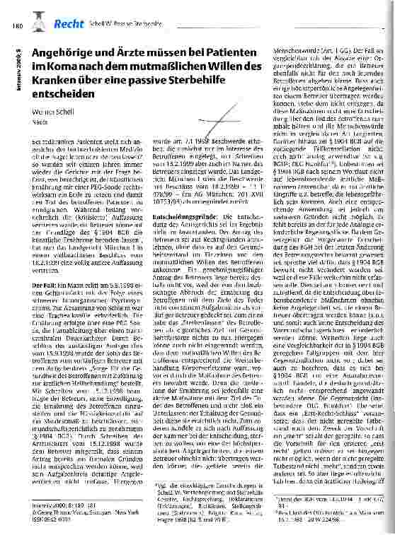 Vorschauseite 1: Angehörige und Ärzte müssen bei Patienten im Koma nach dem mutmaßlichen Willen des Kranken über eine passive Sterbehilfe entscheiden