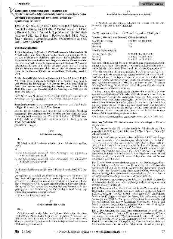 Vorschauseite 1: Tarifliche Schichtzulage - Begriff der Schichtarbeit - Mindestzeitspanne zwischen dem Beginn der frühesten und dem Ende der spätesten Schicht
