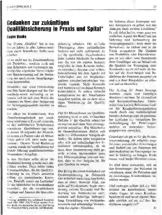 Vorschauseite 1: Gedanken zur zukünftigen Qualitätssicherung in Praxis und Spital
