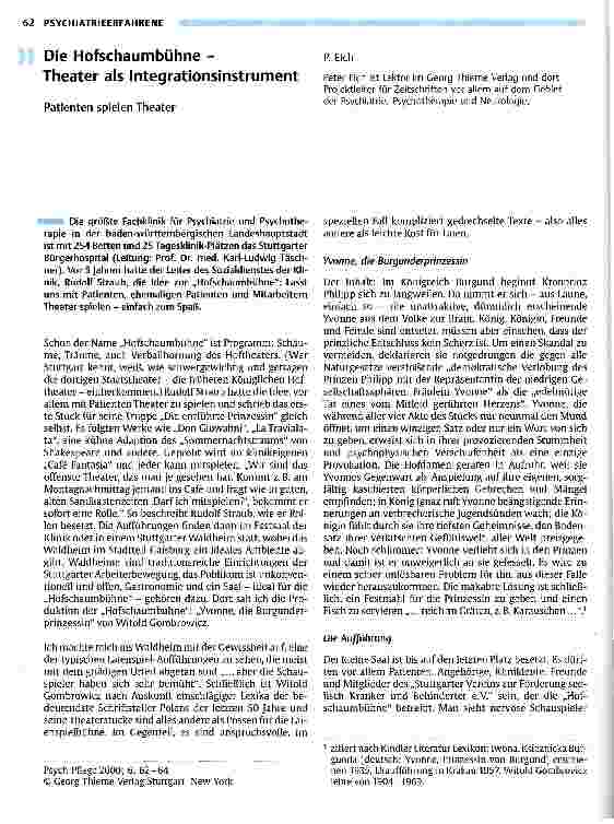 Vorschauseite 1: Die Hofschaumbühne - Theater als Integrationsinstrument Patienten spielen Theater