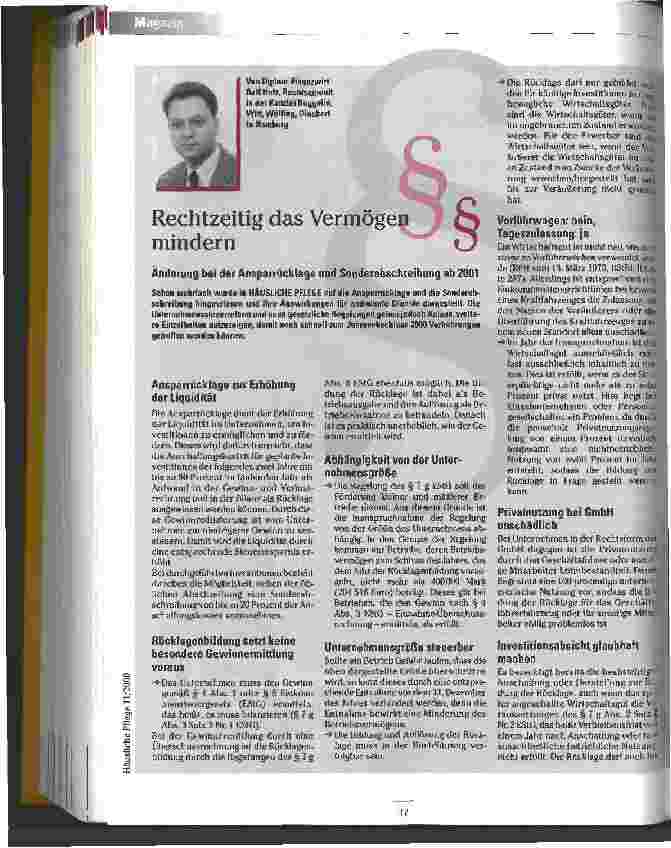Vorschauseite 1: Rechtzeitig das Vermögen mindern Änderung bei der Ansparrücklage und Sonderabschreibung ab 2001