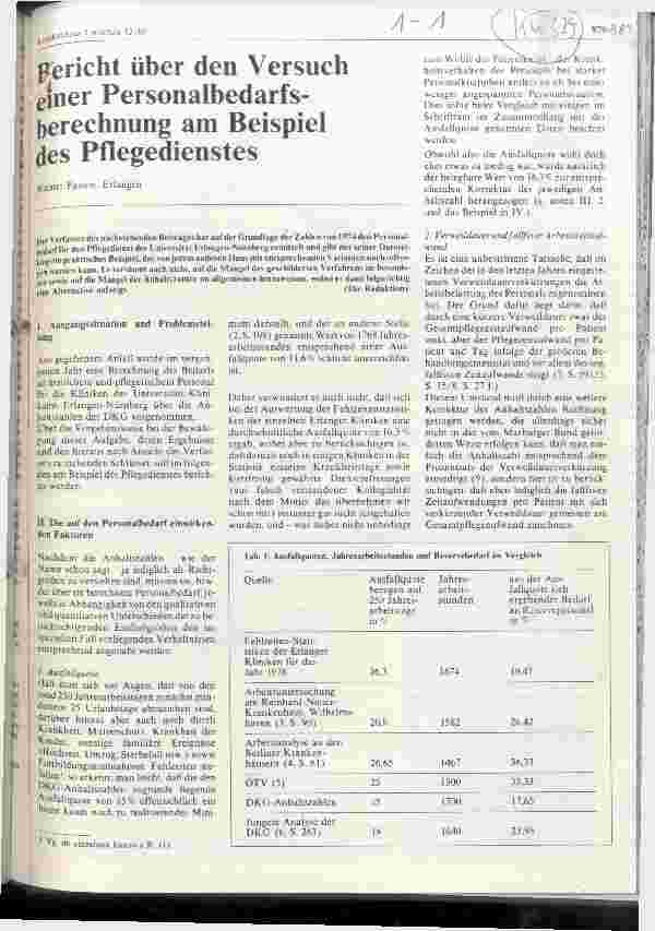 Vorschauseite 1: Bericht über den Versuch einer Personalbedarfsberechnung am Beispiel des Pflegedienstes
