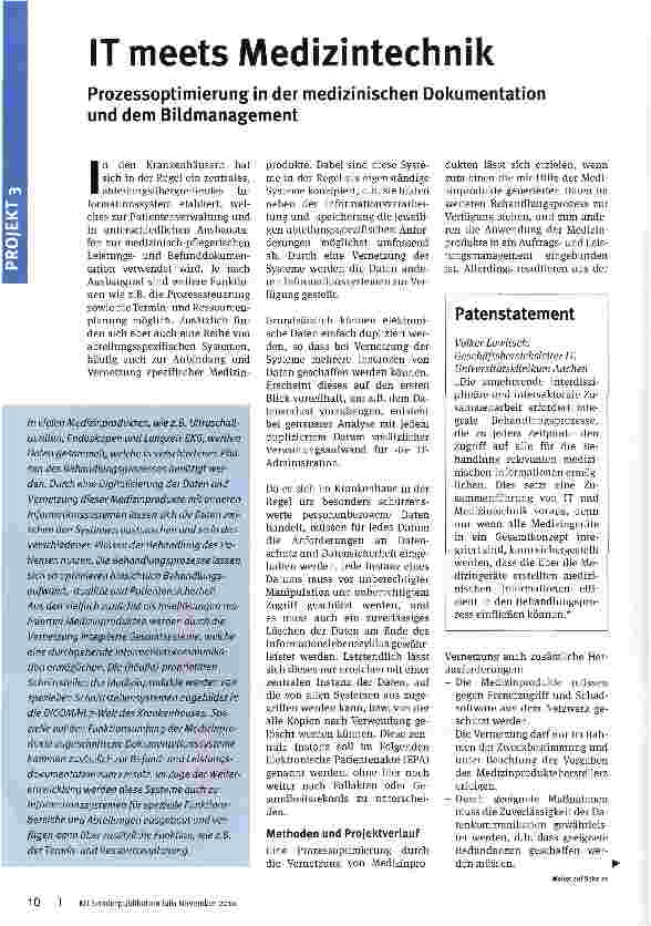 Vorschauseite 1: IT meets Medizintechnik Prozessoptimierung in der medizinischen Dokumentation und dem Bildmanagement