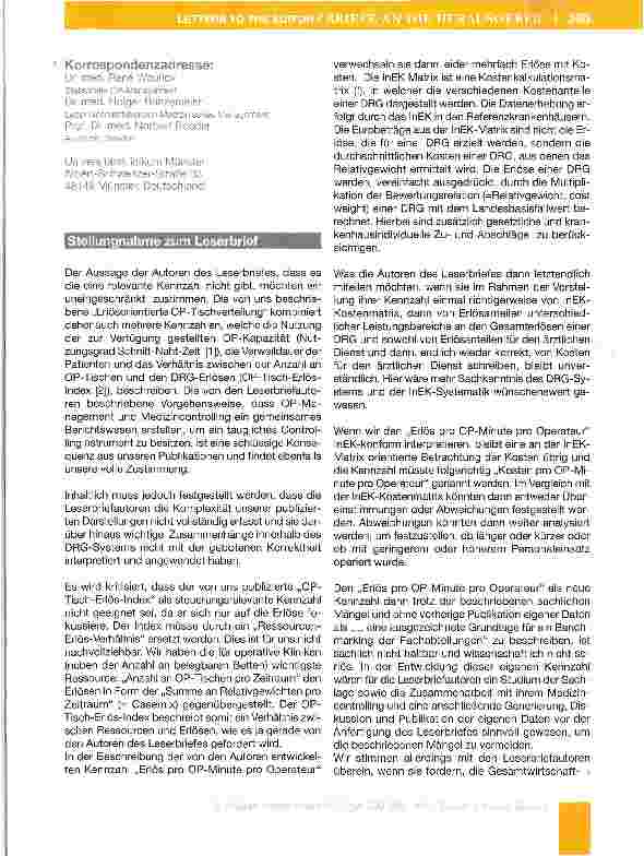 Vorschauseite 3: Leserbrief zum Beitrag von R. Grote, S. Perschmann, A. Walleneit, D. Leuchtmann und M. Menzel Der „OP-Tisch-Erlös-Index: Steigerung der DRG-Eriöse durch „Erlösorientierte OP-Tisch…