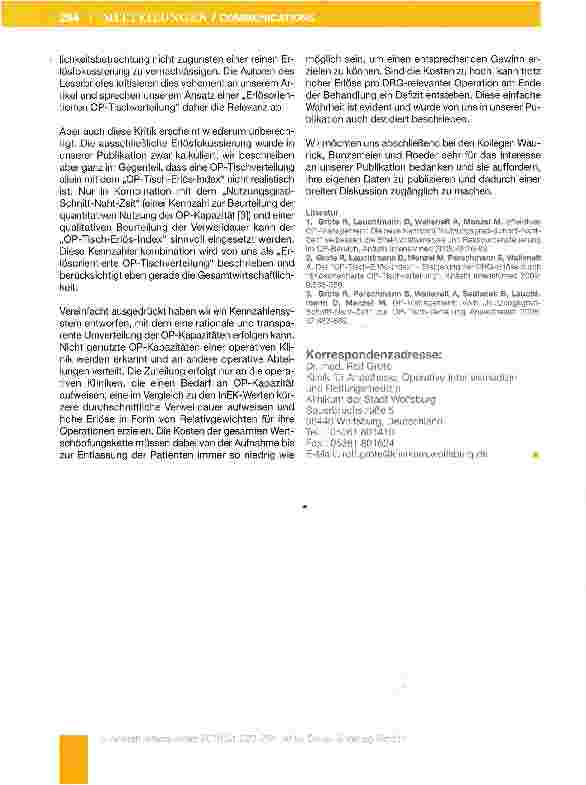 Vorschauseite 4: Leserbrief zum Beitrag von R. Grote, S. Perschmann, A. Walleneit, D. Leuchtmann und M. Menzel Der „OP-Tisch-Erlös-Index: Steigerung der DRG-Eriöse durch „Erlösorientierte OP-Tisch…