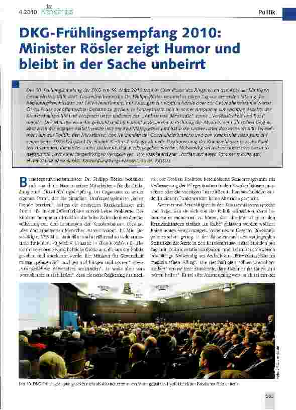 Vorschauseite 1: DKC-Frühlingsempfang 2010: Minister Rösler zeigt Humor und bleibt in der Sache unbeirrt