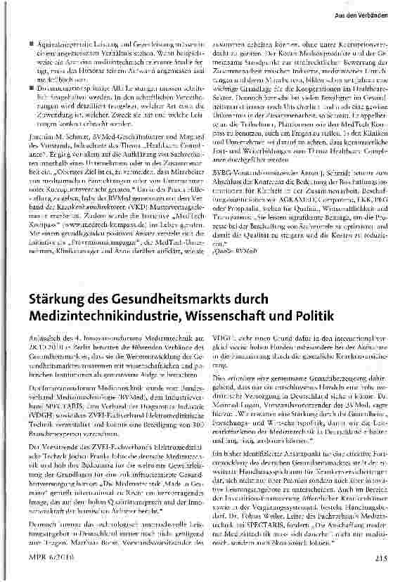 Vorschauseite 1: Stärkung des Gesundheitsmarkts durch Medizintechnikindustrie, Wissenschaft und Politik