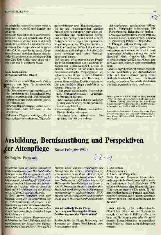 Vorschauseite 1: Ausbildung, Berufsausübung und Perspektiven der Altenpflege (Stand Frühjahr 1989)