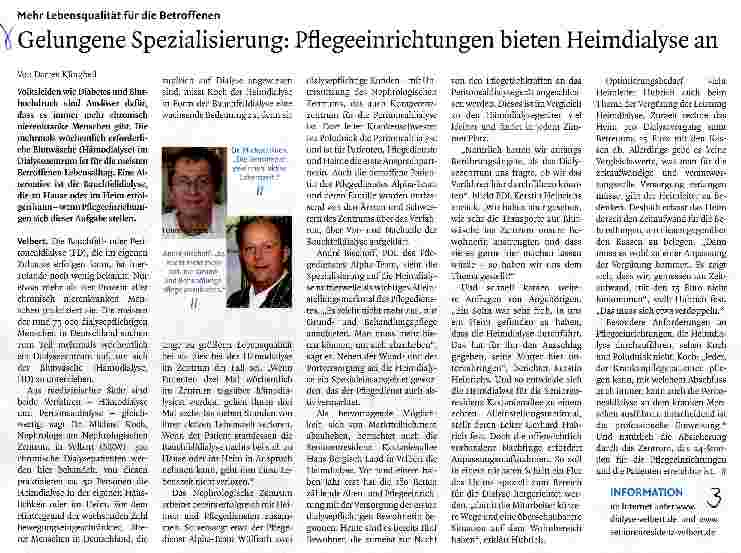 Vorschauseite 1: Gelungene Spezialisierung: Pflegeeinrichtungen bieten Heimdialyse an