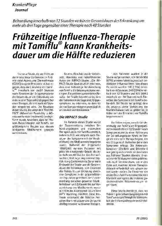 Vorschauseite 1: Frühzeitige Influenza-Therapie mit Tamiflu kann Krankheitsdauer um die Hälfte reduzieren
