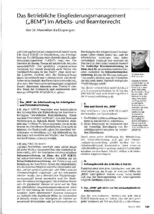 Vorschauseite 1: Das Betriebliche Eingliederungsmanagement („BEM) im Arbeitsund Beamtenrecht