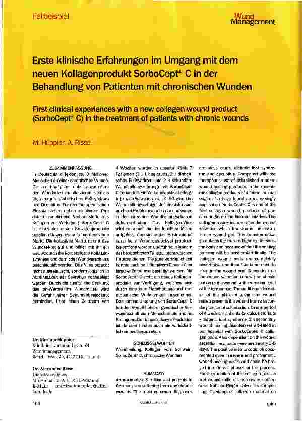 Vorschauseite 1: Erste klinische Erfahrungen im Umgang mit dem neuen Kollagenprodukt SorboCept® C in der Behandlung von Patienten mit chronischen Wunden