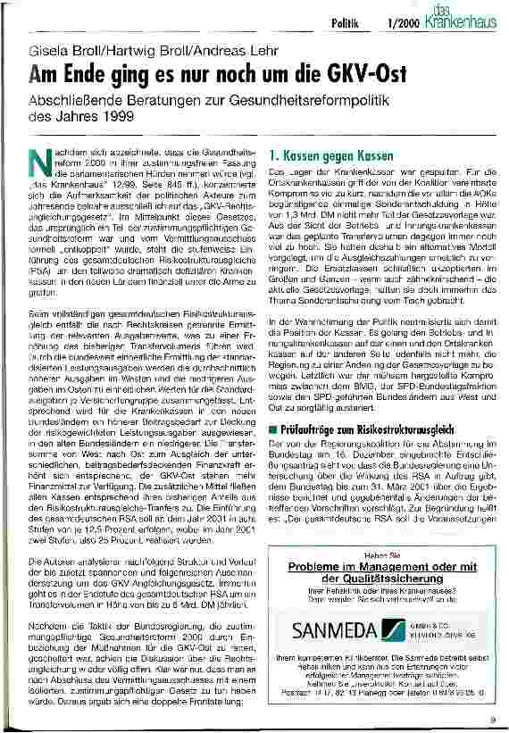 Vorschauseite 1: Am Ende ging es nur noch um die GKV-Ost Abschließende Beratungen zur Gesundheitsreformpolitik des Jahres 1999