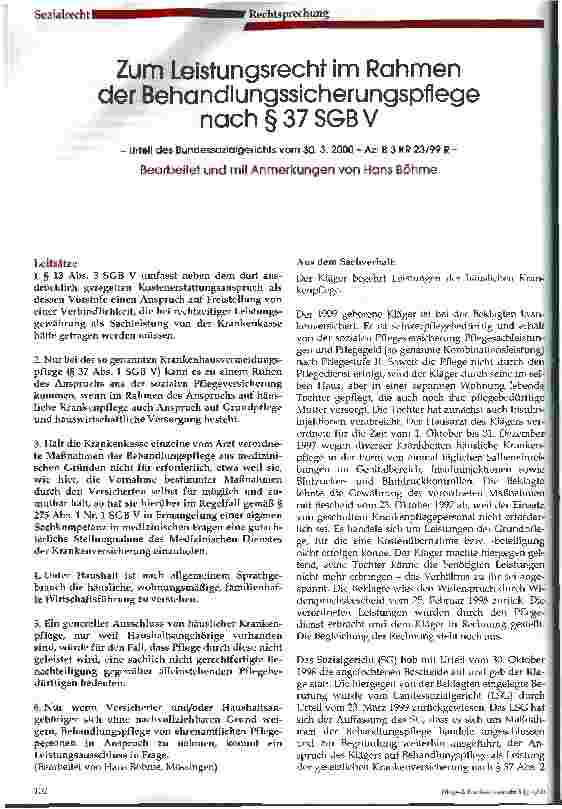 Vorschauseite 1: Zum Leistungsrcht im Rahmen der Behandlungssicherungspflege nach § 37 SGB V