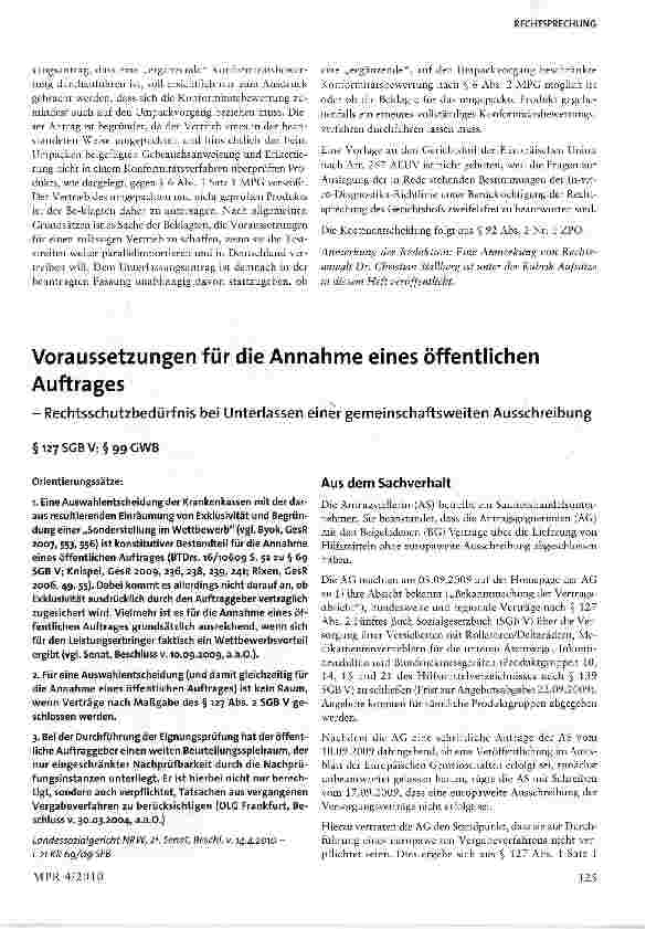 Vorschauseite 1: Voraussetzungen für die Annahme eines öffentlichen Auftrages - Rechtsschutzbedürfnis bei Unterlassen einer gemeinschaftsweiten Ausschreibung