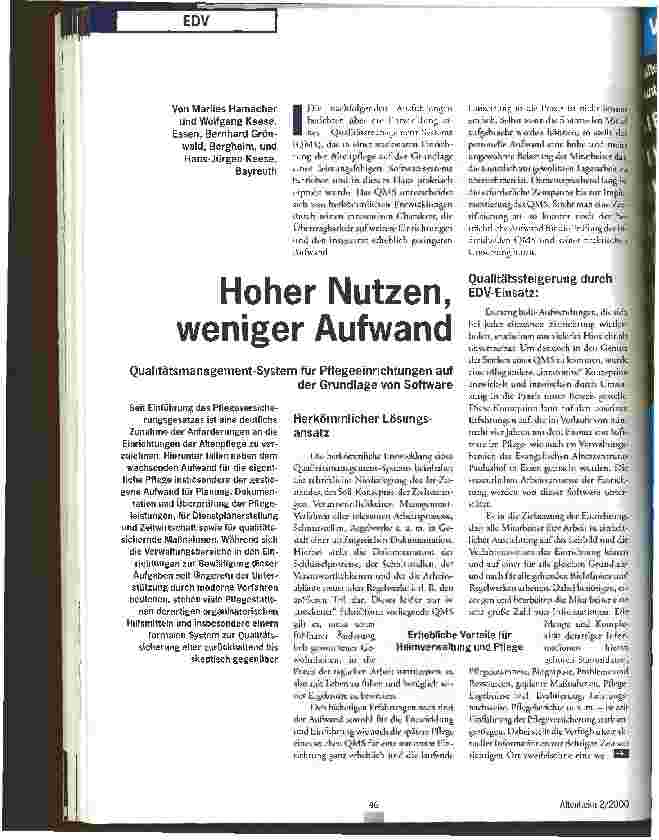 Vorschauseite 1: Hoher Nutzen, weniger Aufwand Qualitätsmanagement-System für Pflegeeinrichtungen auf der Grundlage von Software