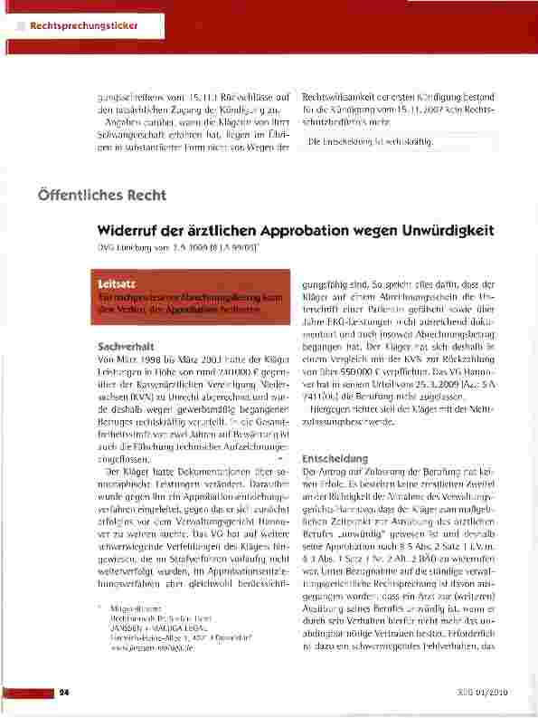 Vorschauseite 1: Widerruf der ärztlichen Approbation wegen Unwürdigkeit