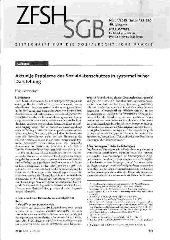 Vorschauseite 1: Aktuelle Probleme des Sozialdatenschutzes in systematischer Darstellung