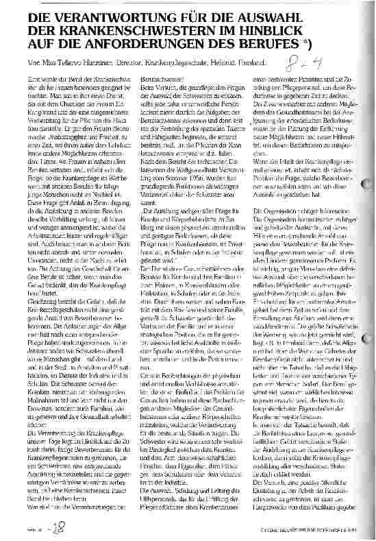 Vorschauseite 1: Die Verantwortung für die Auswahl der Krankenschwestern im Hinblick auf die Anforderungen des Berufes