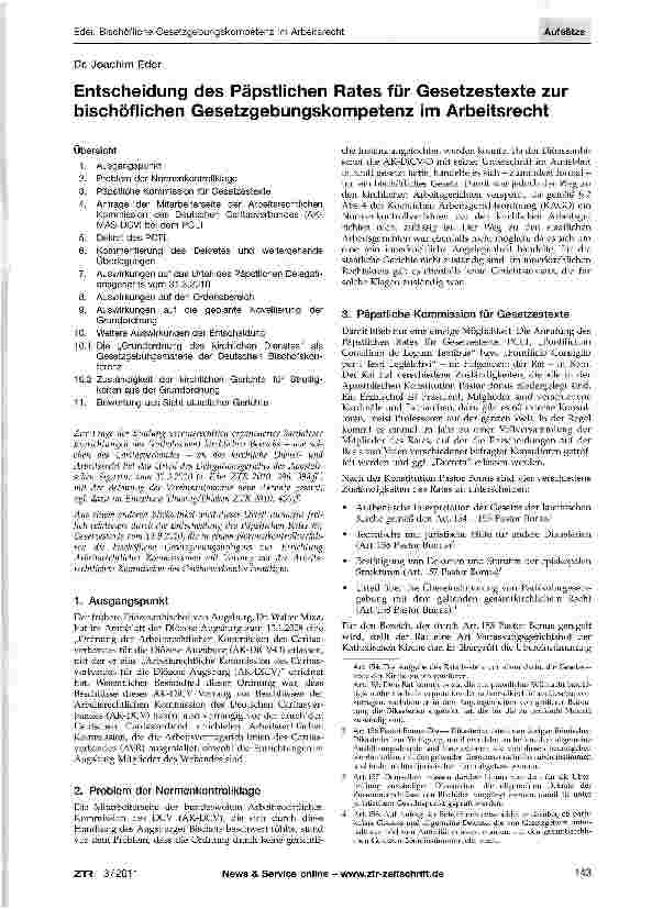 Vorschauseite 1: Entscheidung des Päpstlichen Rates für Gesetzestexte zur bischöflichen Gesetzgebungskompetenz im Arbeitsrecht