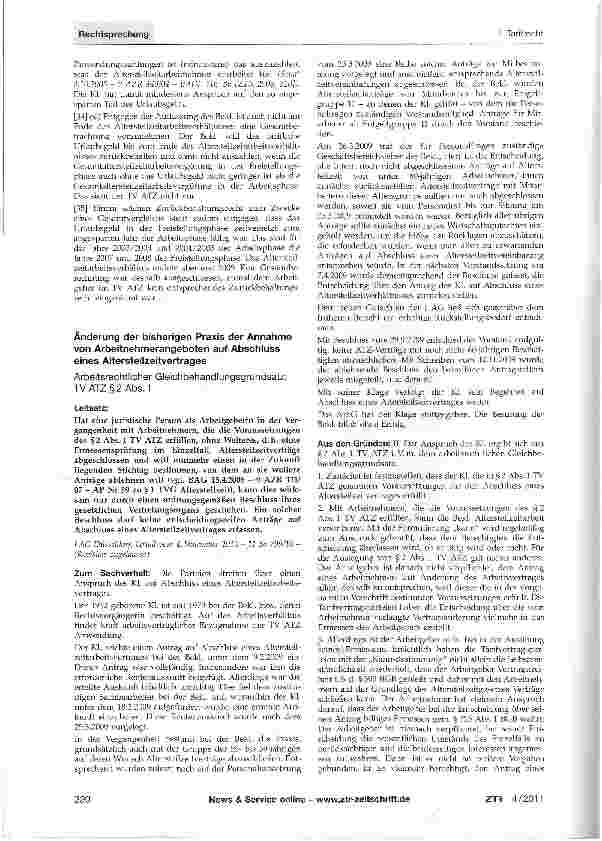 Vorschauseite 1: Änderung der bisherigen Praxis der Annahme von Arbeitnehmerangeboten auf Abschluss eines Altersteilzeitvertrages Arbeitsrechtlicher Gleichbehandlungsgrundsatz; TV ATZ §2 Abs. 1