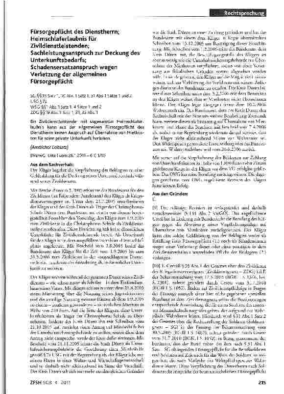 Vorschauseite 1: Fürsorgepflicht des Dienstherrn; Heimschlaferlaubnis für Zivildienstleistenden; Sachleistungsanspruch zur Deckung des Unterkunftsbedarfs; Schadensersatzanspruch wegen Verletzung d…