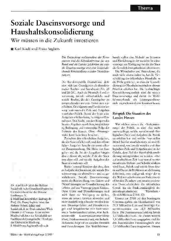 Vorschauseite 1: Soziale Daseinsvorsorge und HaushaltskonsolidierungWir müssen in die Zukunft investieren