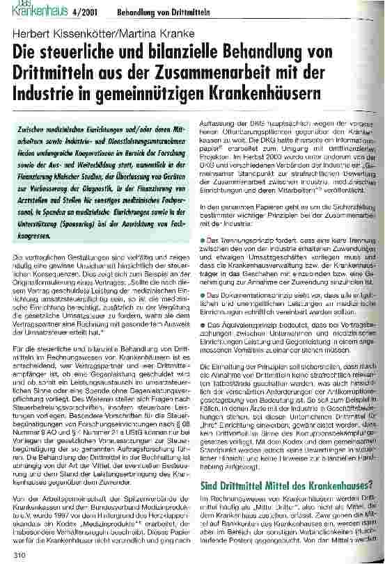 Vorschauseite 1: Die steuerliche und bilanzielle Behandlung von Drittmitteln aus der Zusammenarbeit mit der Industrie in gemeinnützigen Krankenhäusern
