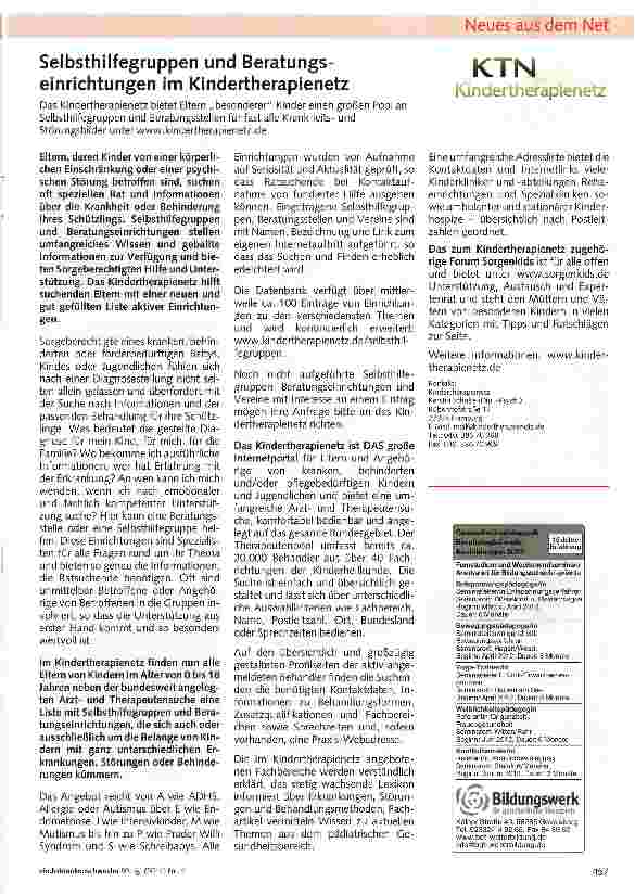 Vorschauseite 1: Selbsthilfegruppen und Beratungseinrichtungen im Kindertherapienetz