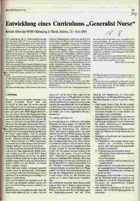 Vorschauseite 1: Entwicklung eines Curriculums Generalist Nurse Bericht über die WHO-Beratung in Turin, 13.-16.6.1990