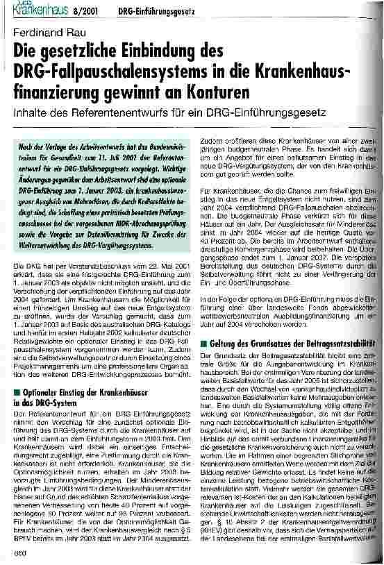 Vorschauseite 1: Die gesetzliche Einbindung des DRG-Fallpauschalensystems in die Krankenhausfinanzierung gewinnt an Konturen