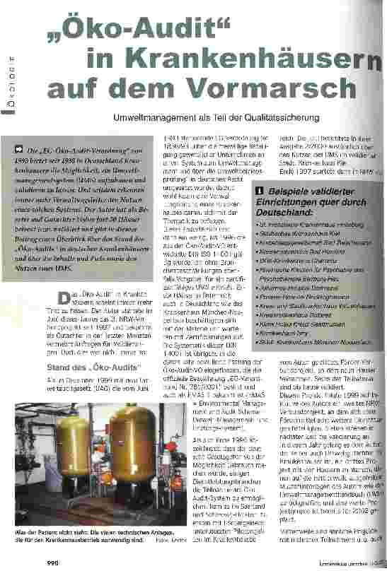 Vorschauseite 1: Öko-Audit in Krankenhäusern auf dem Vormarsch Umweltmanagement als Teil der Qualitätssicherung