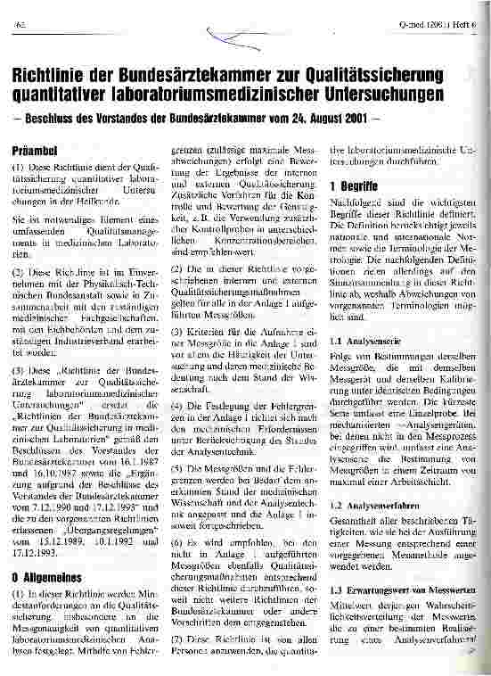 Vorschauseite 1: Richtlinie der Bundesärztekammer zur Qualitätssicherung quantitativer laboratoriumsmedizinischer Untersuchungen