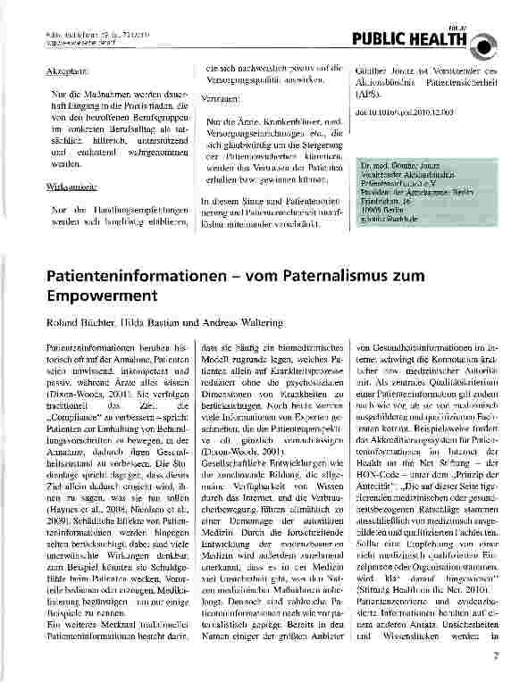 Vorschauseite 1: Patienteninformationen - vom Paternalismus zum Empowerment