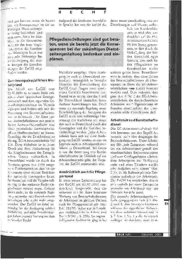 Vorschauseite 2: Bereitschaftsdienst ist zukünftig auch für Pflegekräfte Arbeitszeit Neue Entscheidung des Europäischen Gerichtshofs bestätigt und erweitert Grundsatzurteil