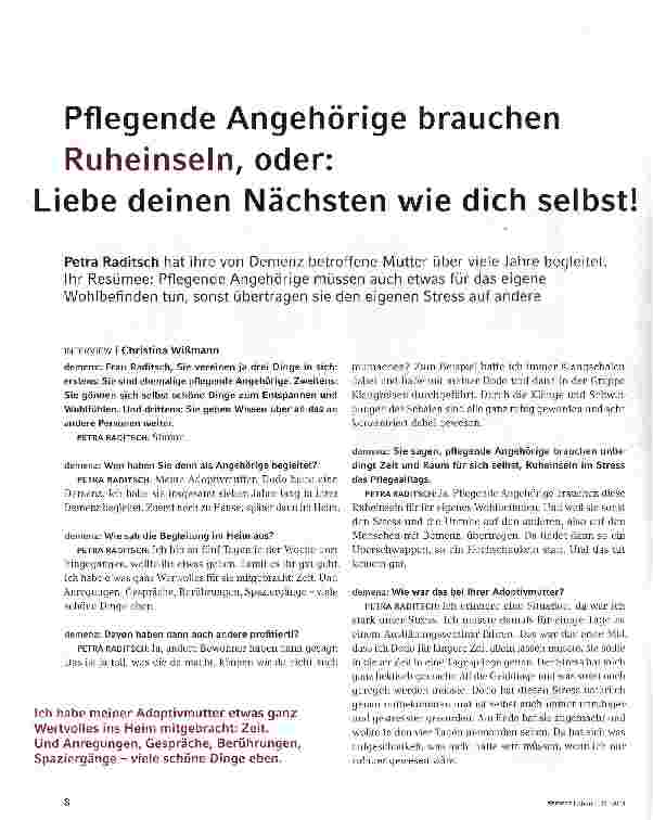 Vorschauseite 1: Pflegende Angehörige brauchen Ruheinseln, oder: Liebe deinen Nächsten wie dich selbst!