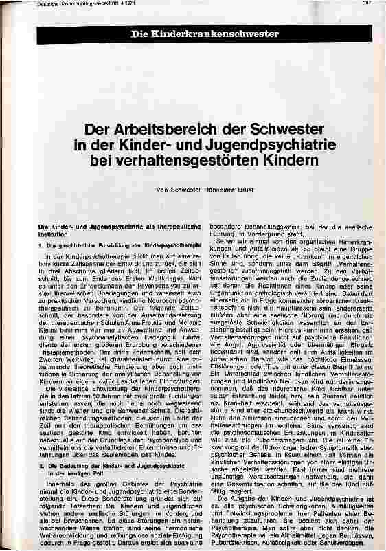 Vorschauseite 1: Der Arbeitsbereich der Schwester in der Kinderund Jugendpsychiatrie bei verhaltensgestörten Kindern
