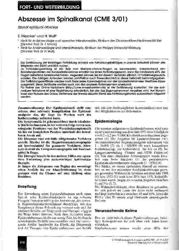 Vorschauseite 1: Abszesse im Spinalkanal (CME 3/01)
