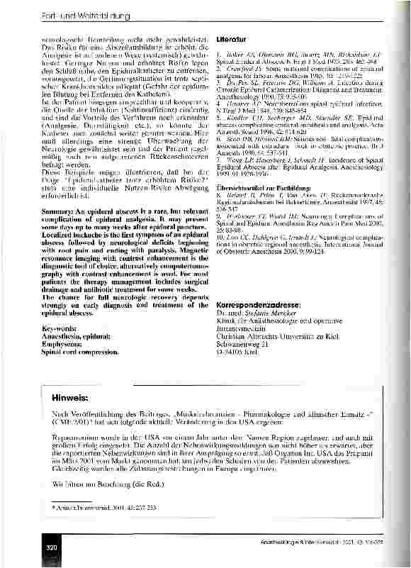 Vorschauseite 5: Abszesse im Spinalkanal (CME 3/01)