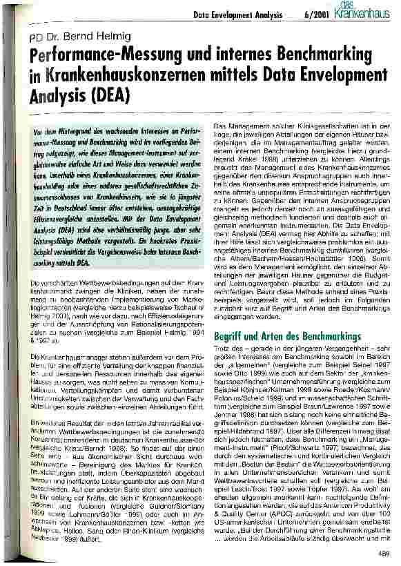 Vorschauseite 1: Performance-Messung und internes Benchmarking in Krankenhauskonzernen mittels Data Envelopment Analysis (DEA)