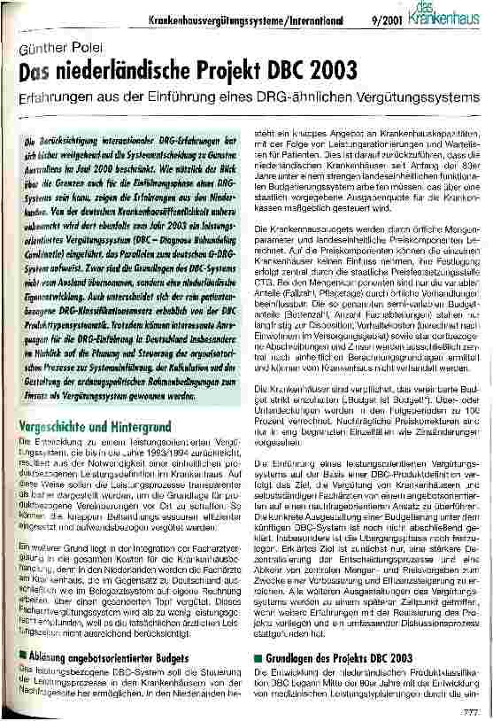 Vorschauseite 1: Das niederländische Projekt DBC 2003 Erfahrungen aus der Einführung eines DRG-ähnlichen Vergütungssystems