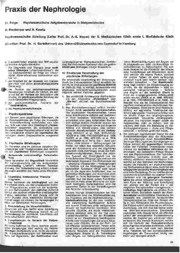 Vorschauseite 1: Praxis der Nephrologie 22. Folge: Psychosomatische Aufgabenbereiche in Dialyseeinheiten