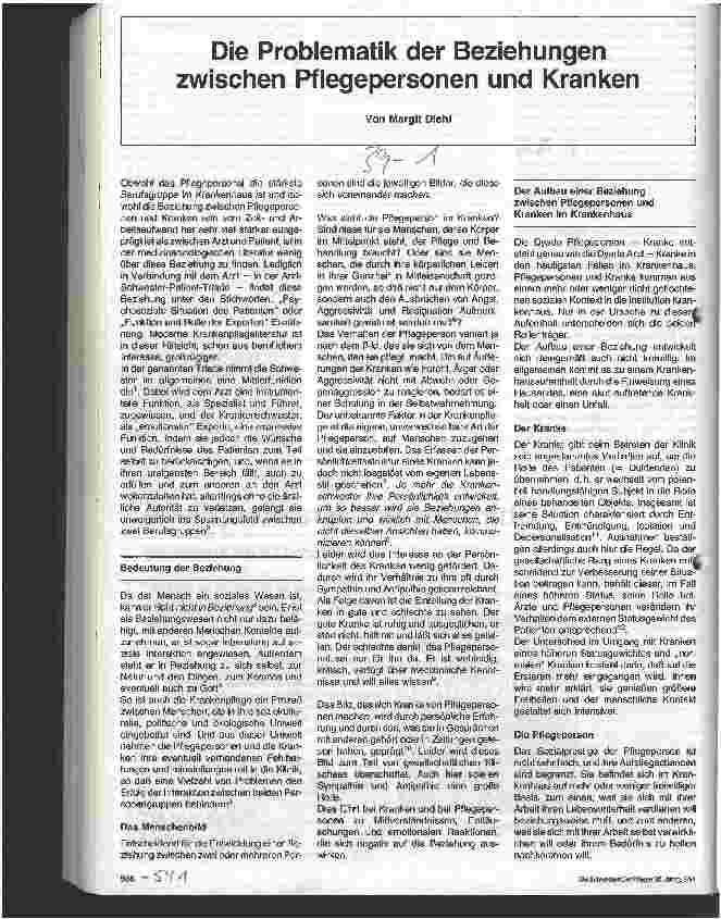 Vorschauseite 1: Die Problematik der Beziehung zwischen Pflegepersonal und Kranken