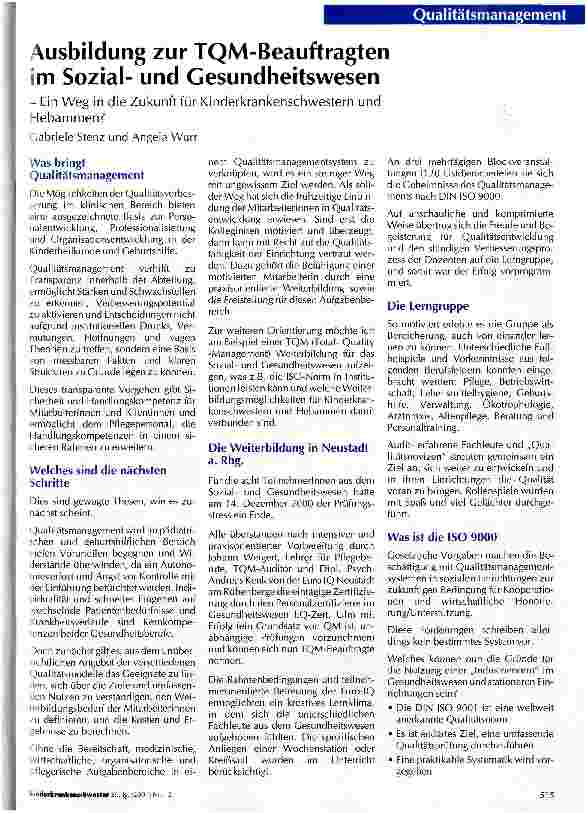 Vorschauseite 1: Ausbildung zur TQM-Beauftragten im Sozialund Gesundheitswesen