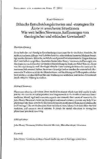Vorschauseite 1: Ethische Entscheidungskriterien und -Strategien für Ärzte in unsicheren SituationenWie weit helfen Newmans Auffassungen von theologischer und ethischer Gewissheit?