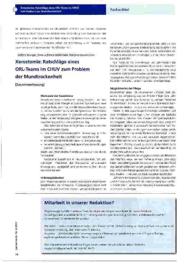 Vorschauseite 1: Xerostomie: Ratschläge eines ORL-Teams im CHUV zum Problem der Mundtrockenheit